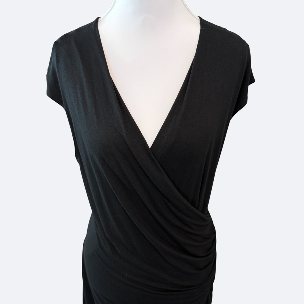 Fresh Produce Women's Black Faux Wrap Dress Size L USA Ruched Stretch Minimalist - Picture 2 of 7